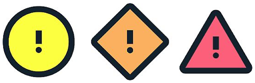 Symboler för SMHI:s vädervarningar - gul, orange och röd varning.